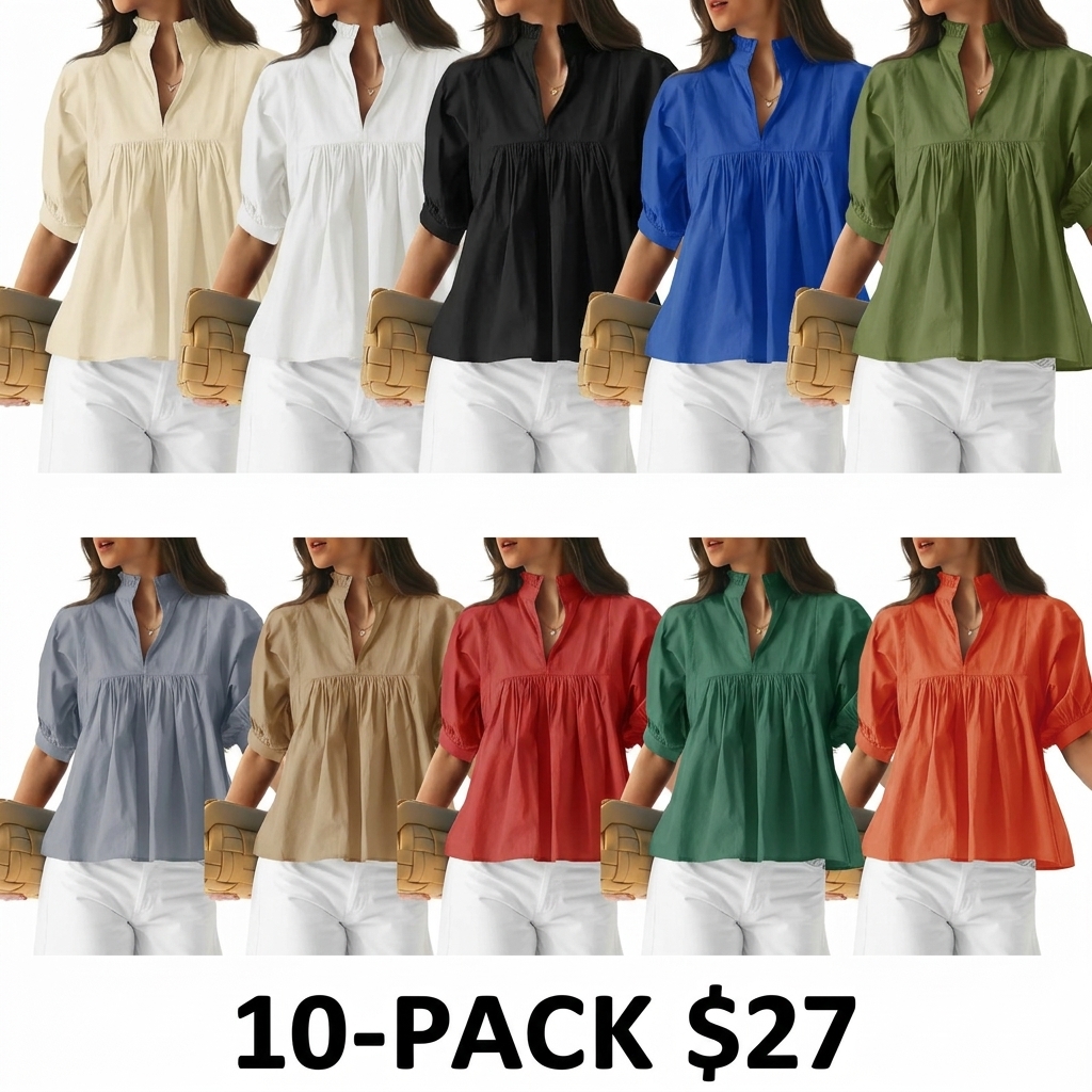Women's V Neck Puff Sleeve Blouse – Babydoll Peplum Loose Fit Top