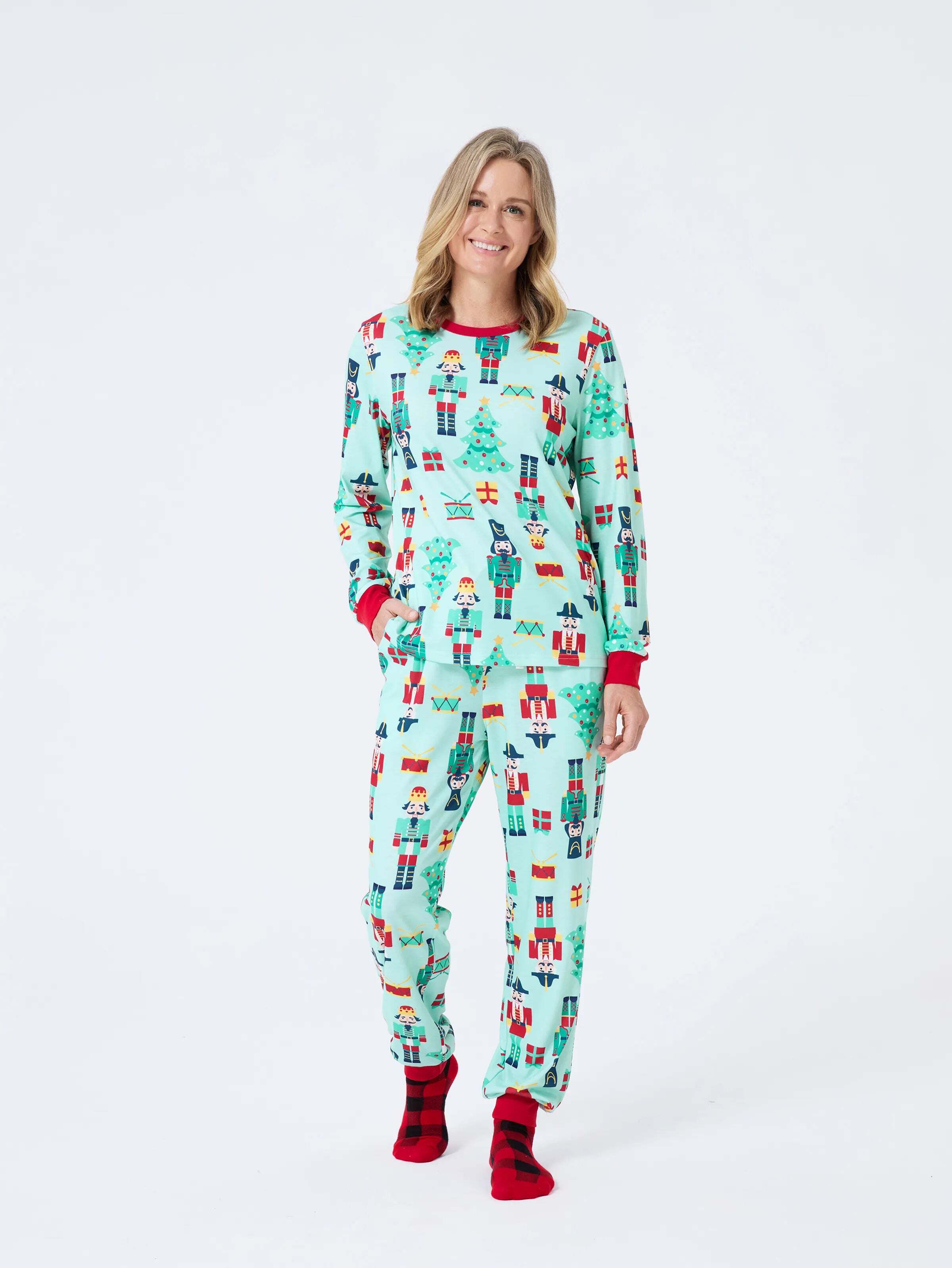 Christmas Matching Family Pajamas Set Soldier and Christmas Tree Print PJS with Christmas Socks Pale Green