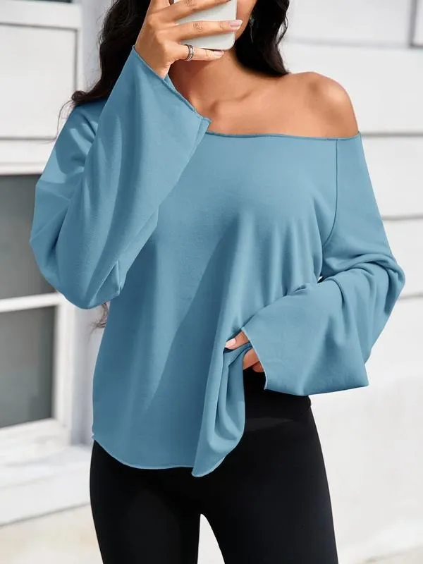Womens Off the Shoulder Sweatshirts Wide Neckline Oversized Pullovers Long Sleeve