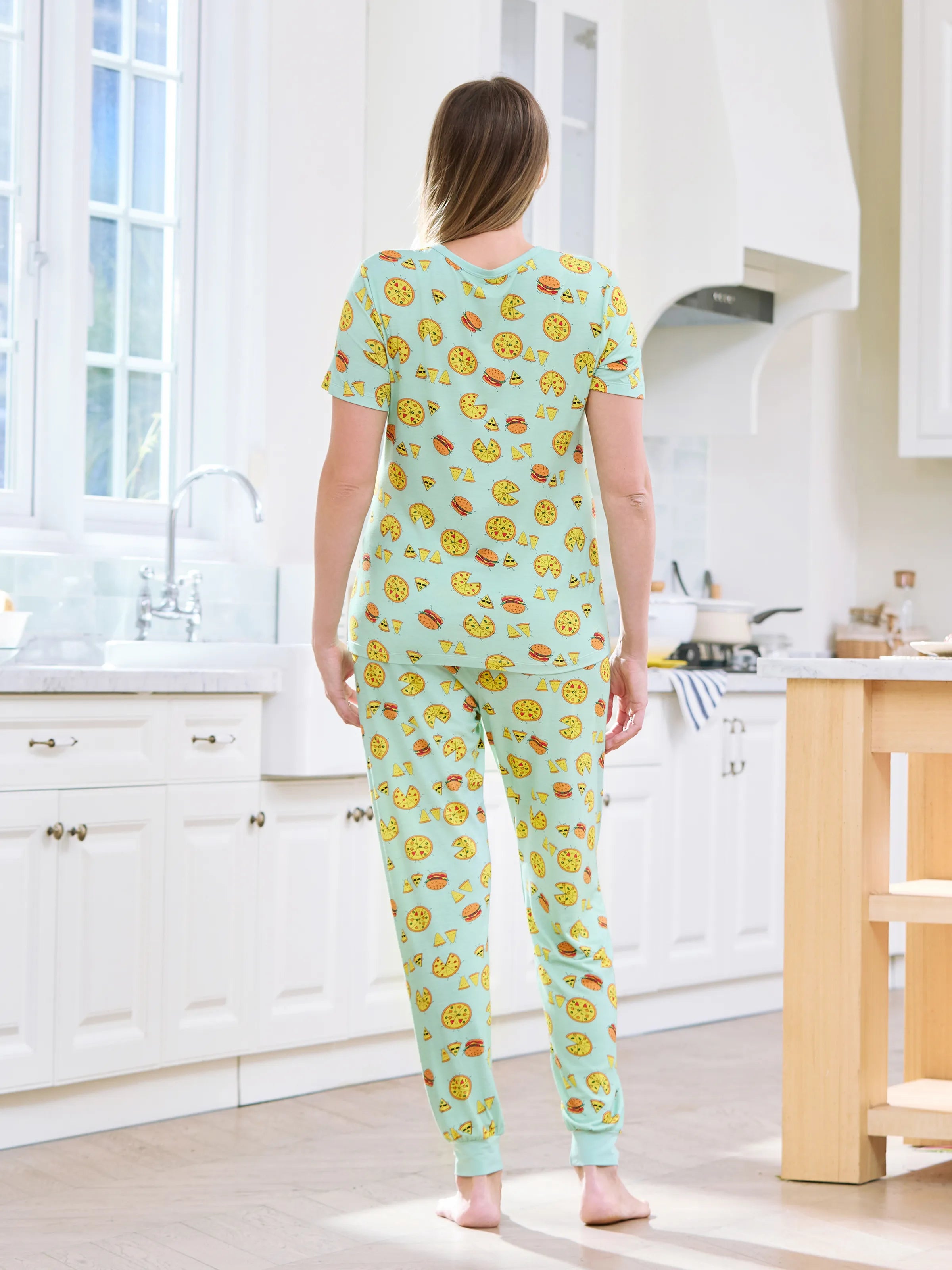 Bamboo Family Mint Green PJs Cute Cartoon Food Theme Print Short Sleeve & Long Pants Sleepwear Matching Pajama set (Snug-Fitting for Children) Light Blue