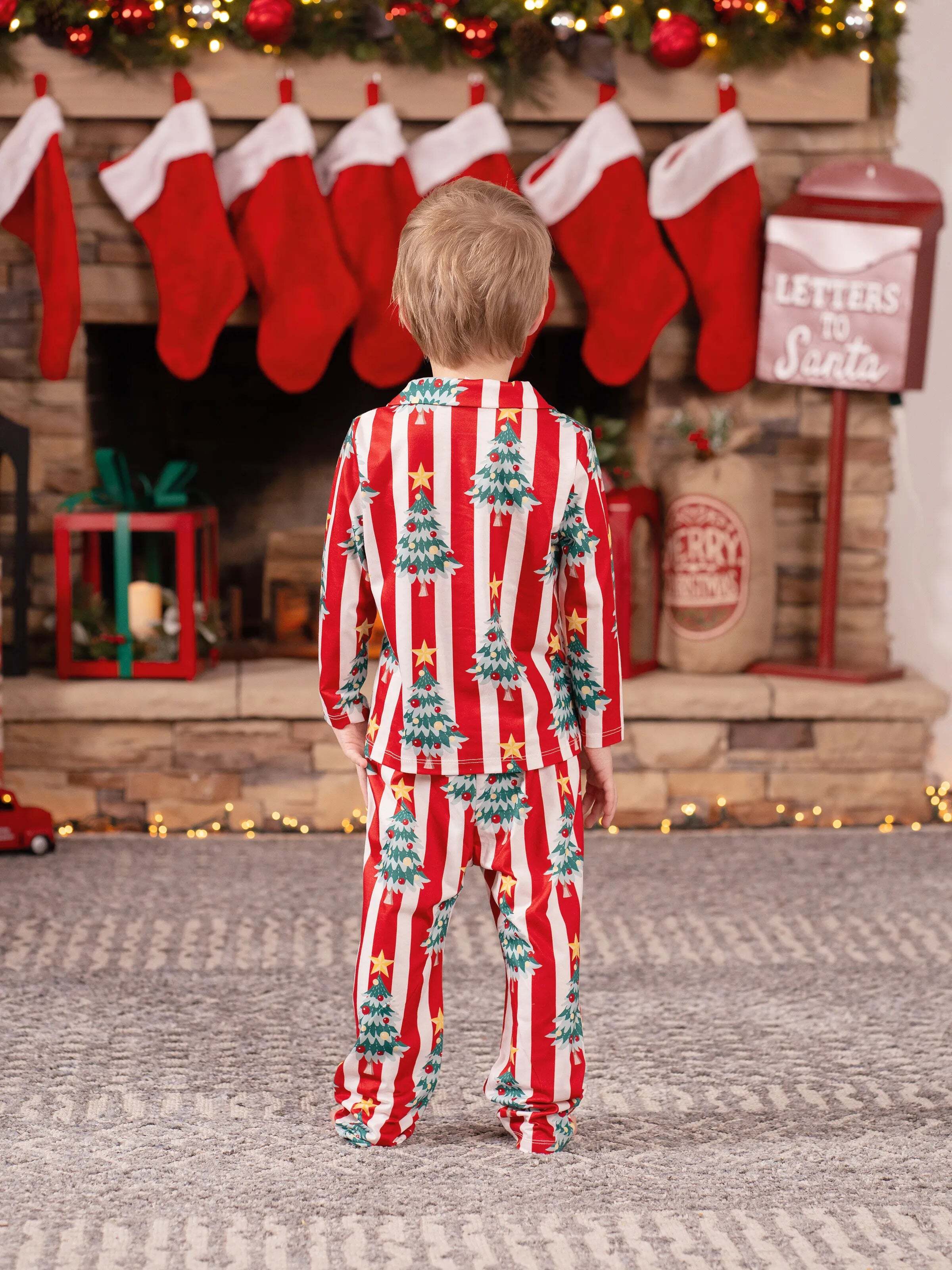 Christmas Family Matching Trees Print Stripes Long-sleeve Pajamas Sets with Christmas Socks Red