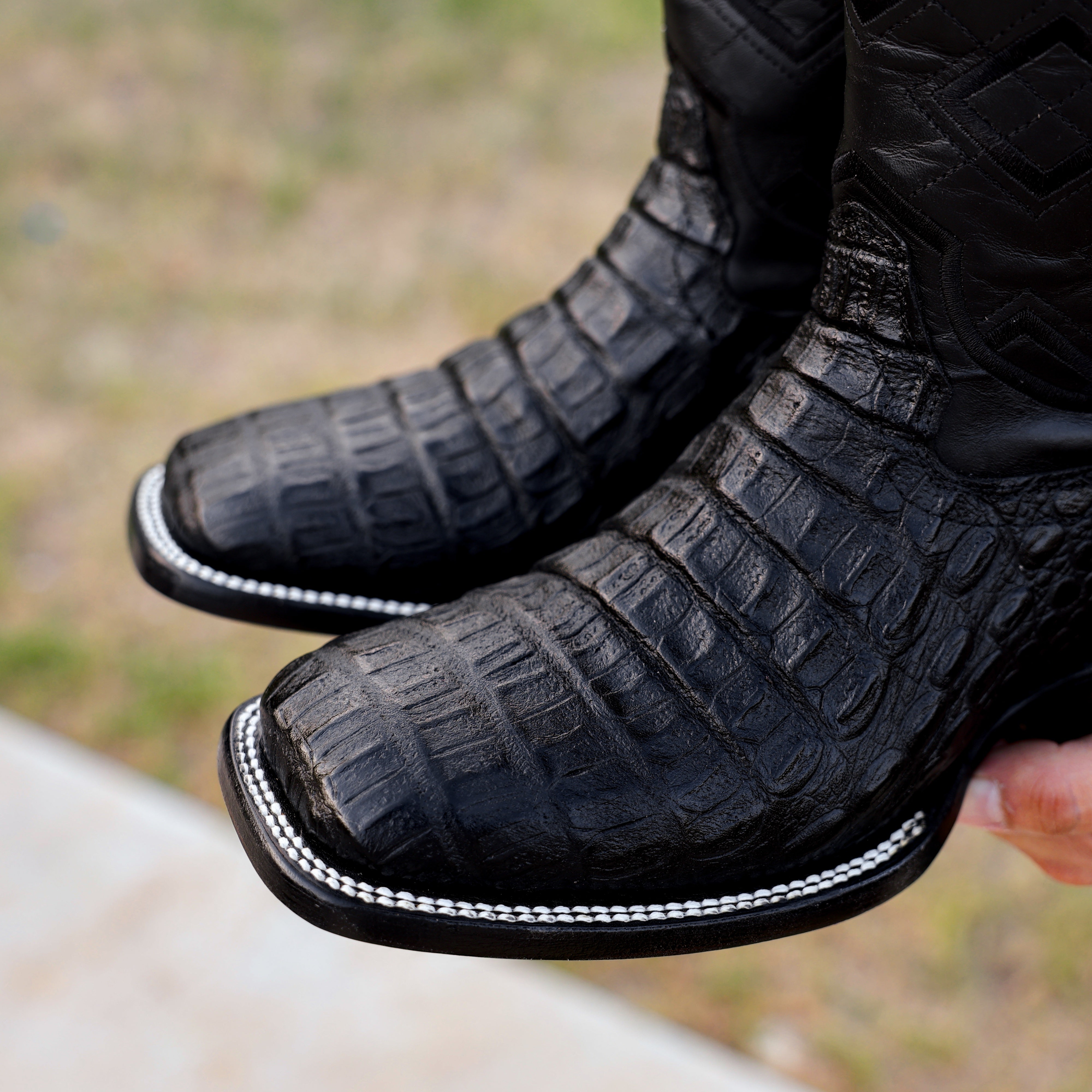 Black Caiman Hornback Leather Boots - Square Toe