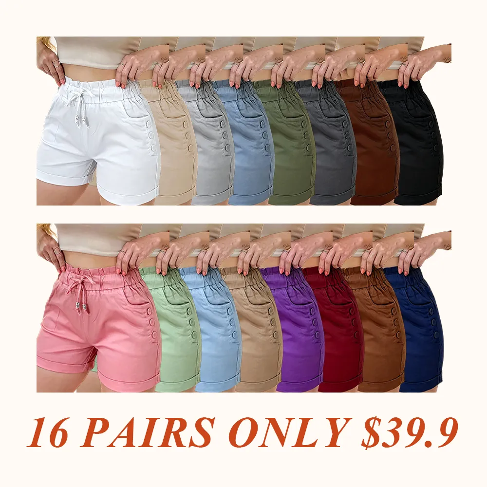 Women's Solid Button Pocket Cargo Fitted Shorts, Casual Elastic Waist Shorts for Summer