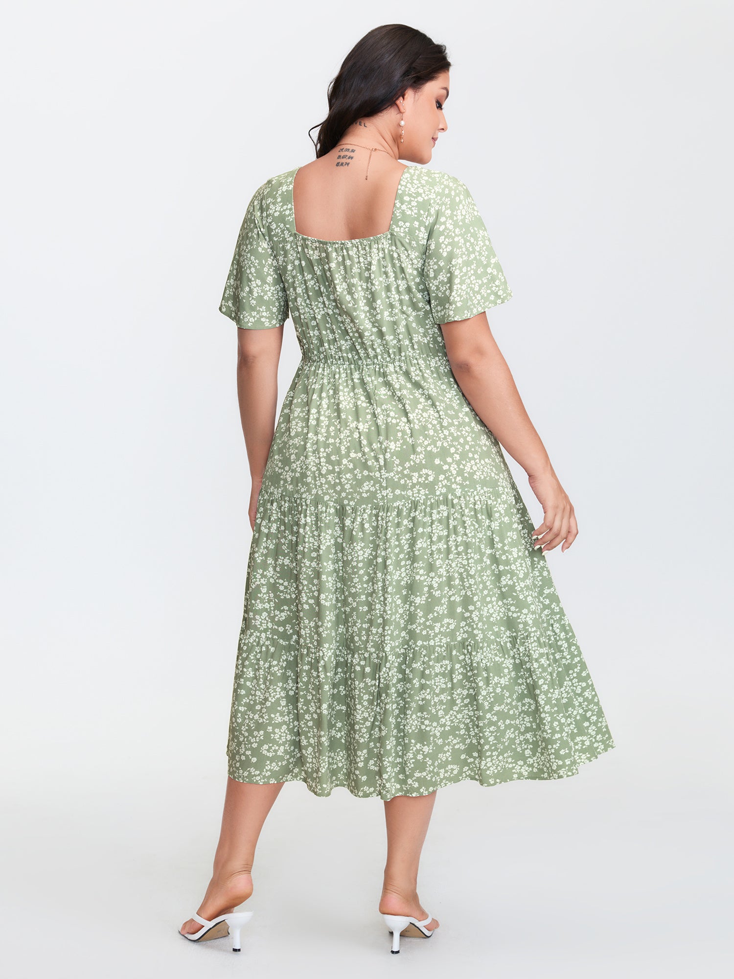 Ditsy Floral Sweetheart Drawstring Pocket Tiered Dress