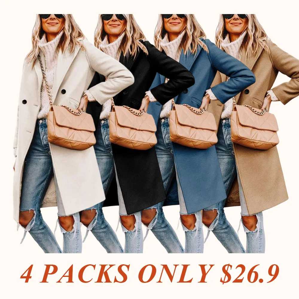 Women's Winter Notch Lapel Double Breasted Wool Blend Mid Long Pea Trench Coat