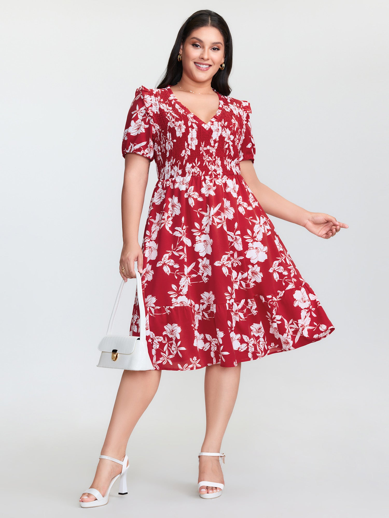Floral Print Shirred Front Flutter Sleeve Mini Dress