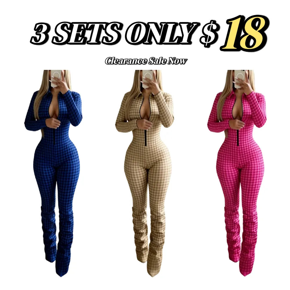 Women's timeless houndstooth jumpsuit with zipper closure