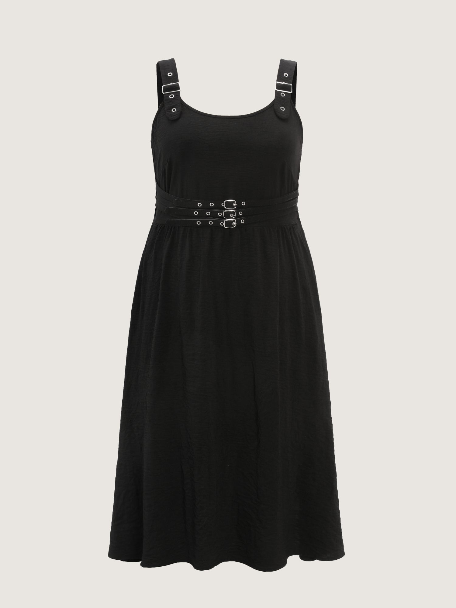 Wide Straps Belted Buckle Detail Midi Dress