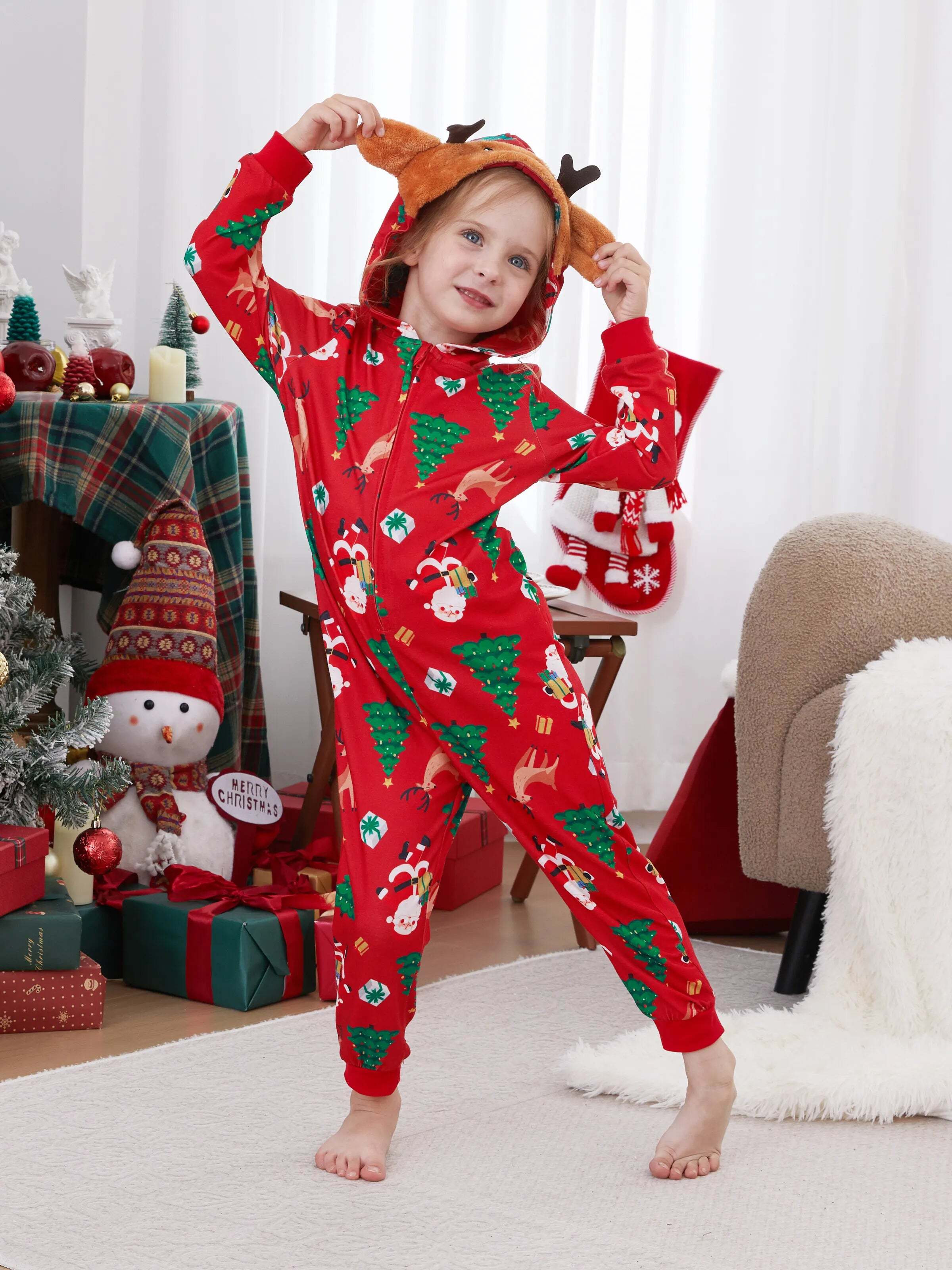 Christmas Family Pajamas Sets 3D Reindeer Hooded Allover Print Onesies with Christmas Socks Red-2