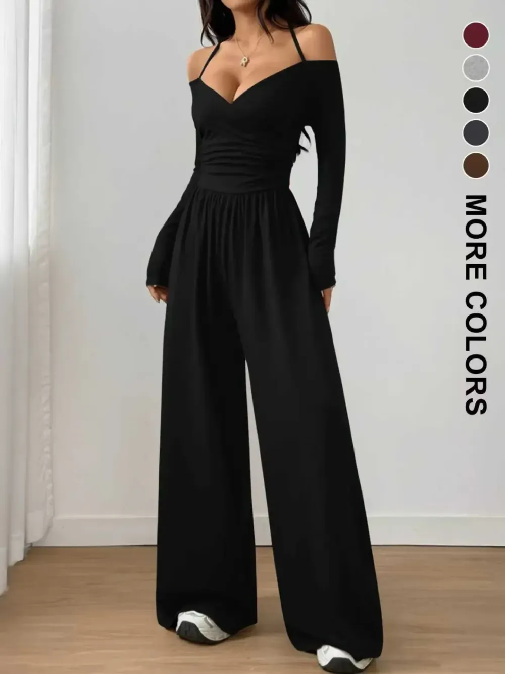 Women's Casual Solid Color Ruched Wide Leg Jumpsuit with Halter-Neck, Stylish and Comfortable Jumpsuit for Daily Wear