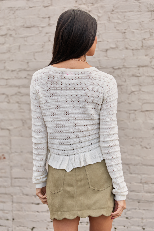 Charlotte Ivory Open Knit Ruffle Trim Sweater