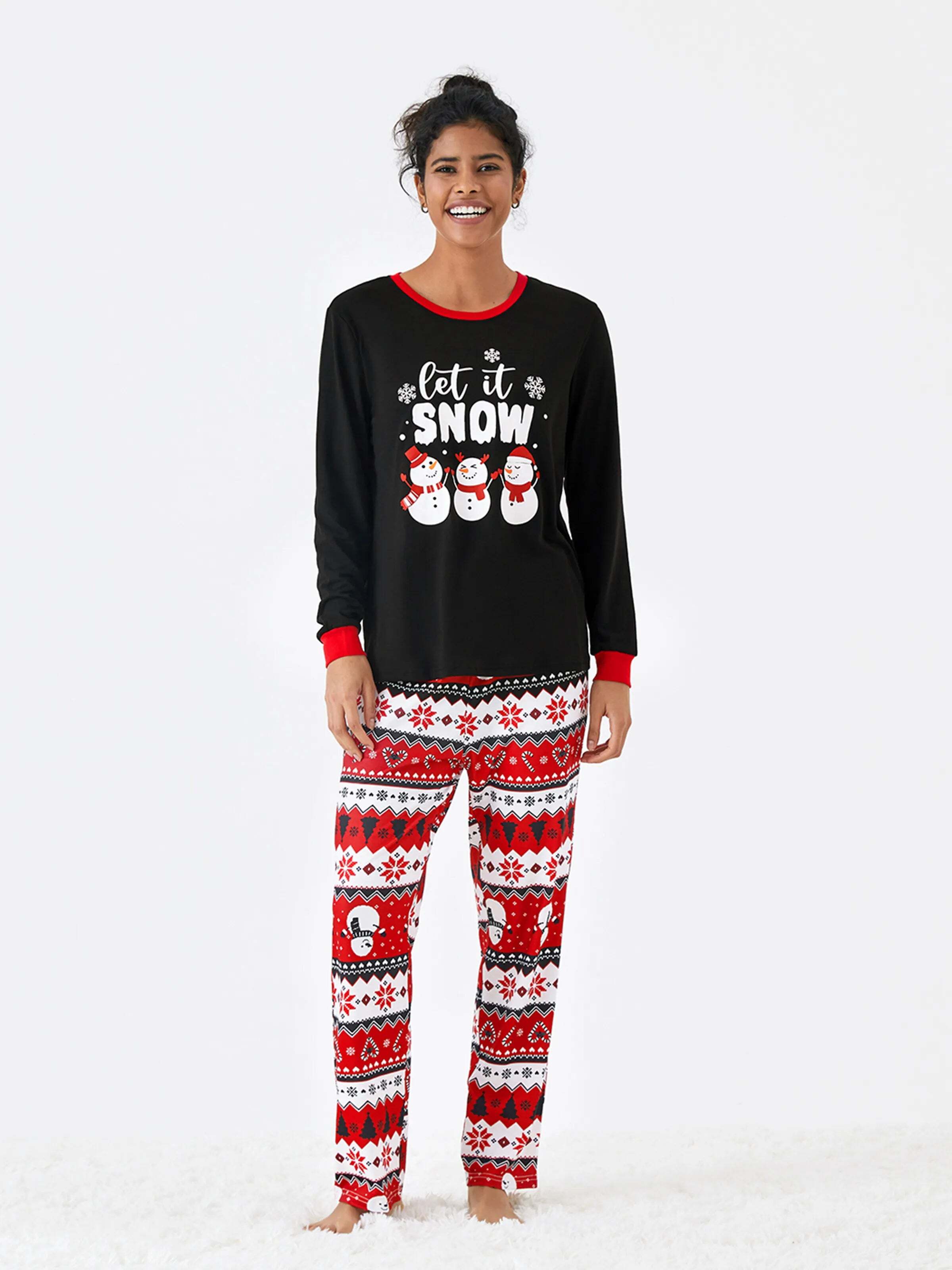 Christmas Family Pajamas Set Snowman Print Long-sleeve PJS with Christmas Socks Black