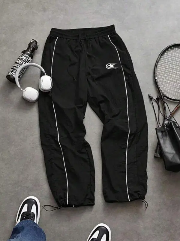 Men's Casual Sporty Long Pants, Loose Fit Drawstring Cuff