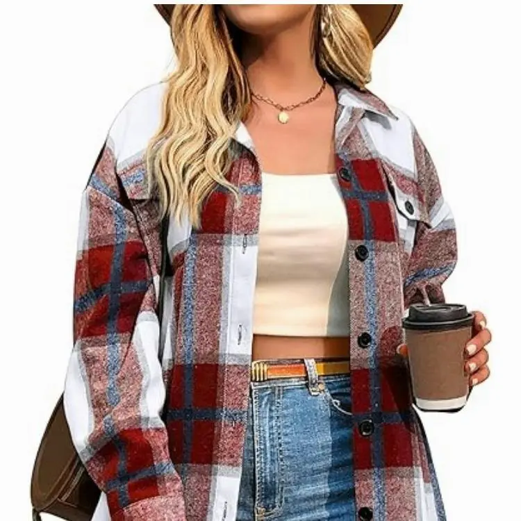 Womens Plus Size Shacket Jacket Flannel Plaid Long Sleeve