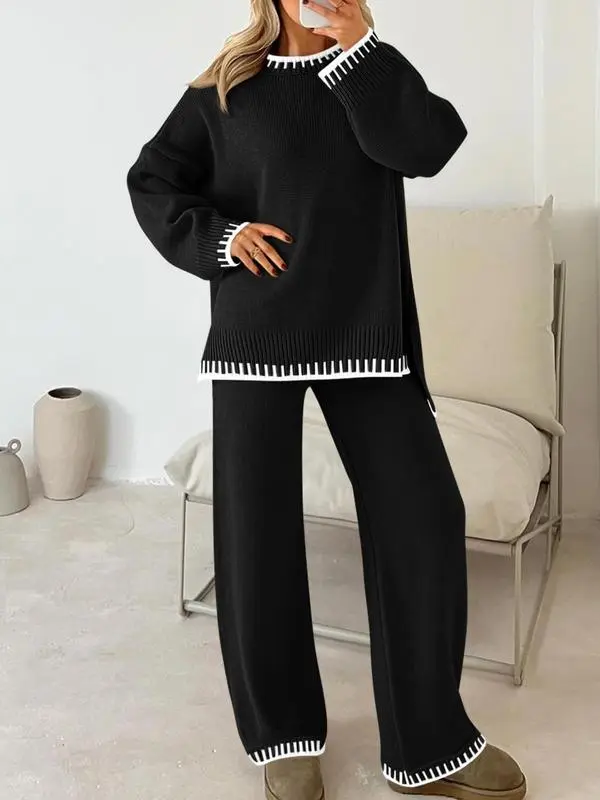 Women's Round Neck Colorblock Sweater Top and Long Sweatpants Set