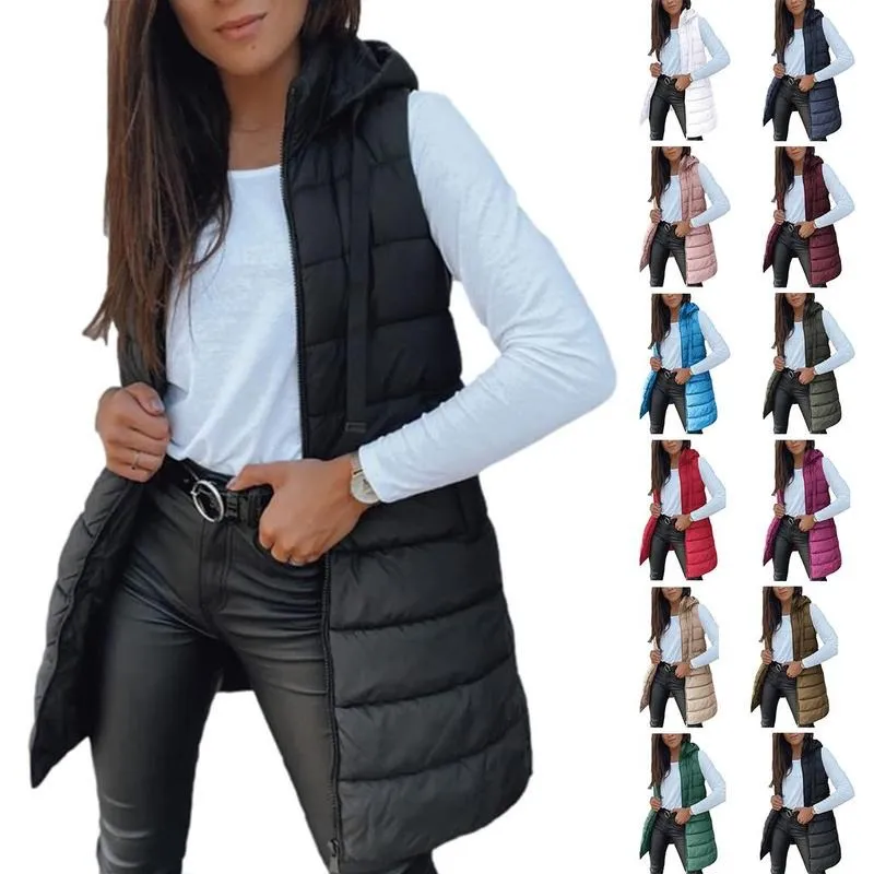 Women Long Vest Solid Color Sleeveless Hood Winter Puffer Vest Outwear