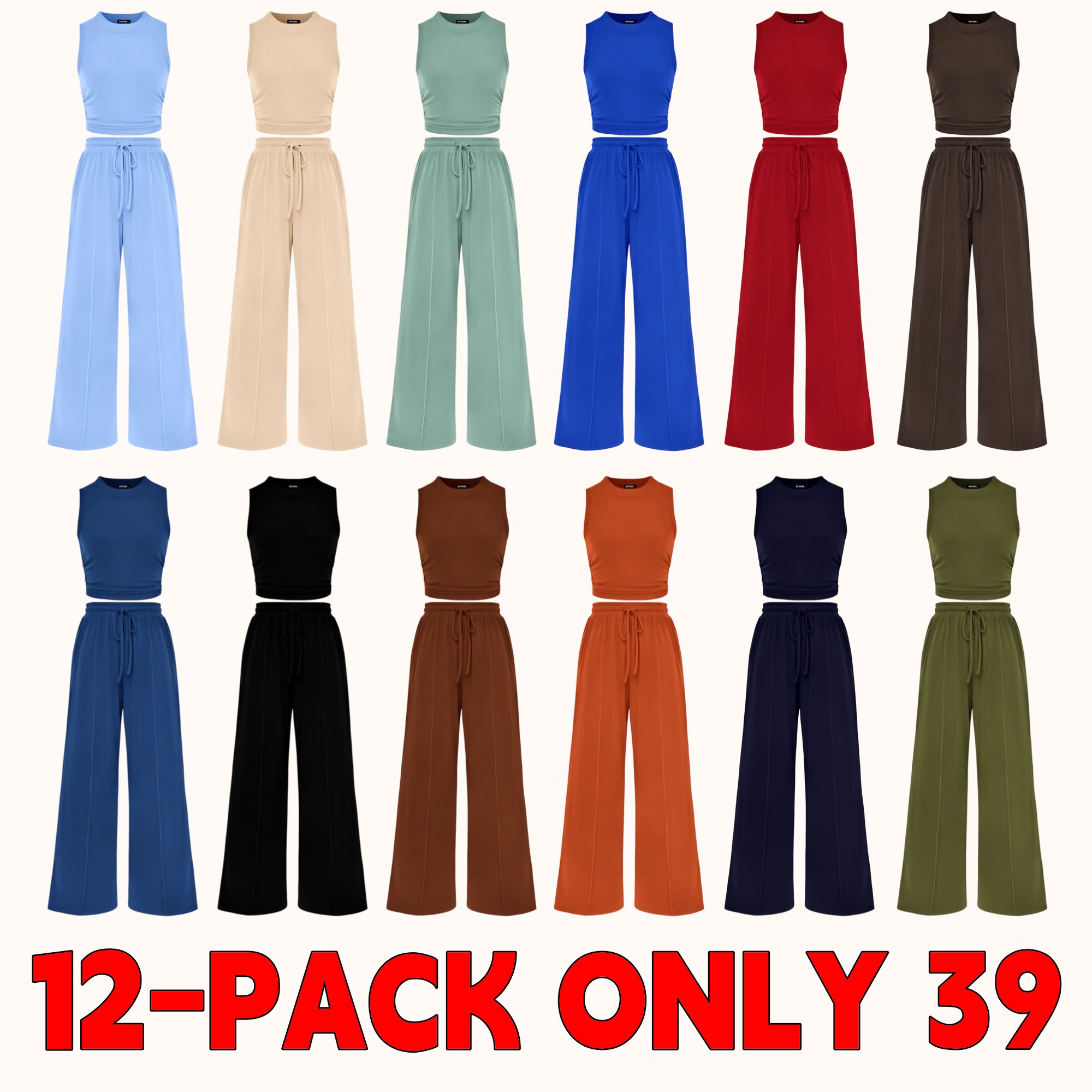 Women's Summer Two-Piece Set — Ribbed Knit Crew Neck Sleeveless Cropped Top