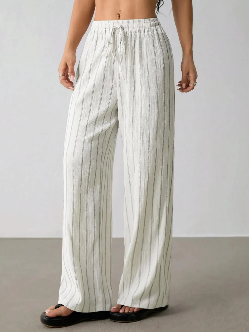 Women's Striped Waist Tie Straight Leg Loose Casual Belted Pants, Fitted Style