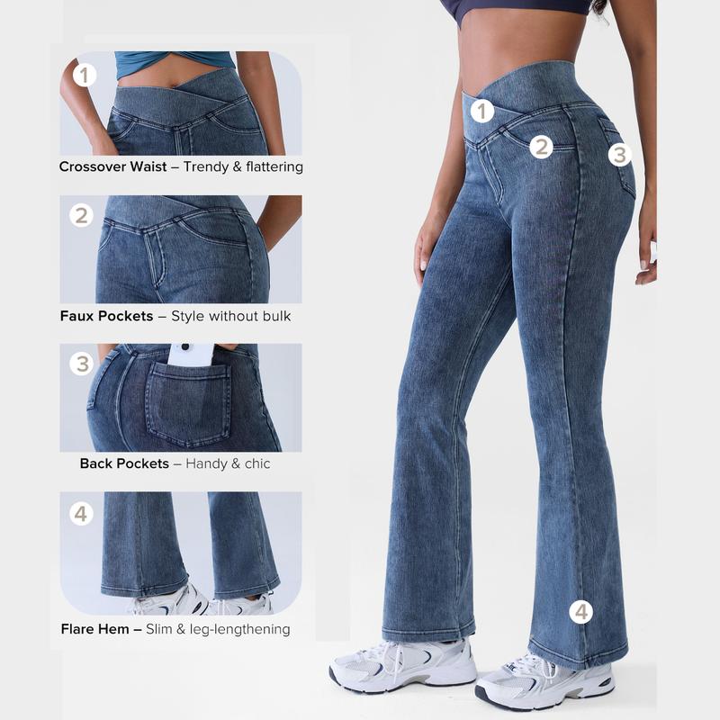 🔥Women’s High-Waisted Bootcut Flare Jeans – Crossover Waist, Stretch Denim & Back Pockets
