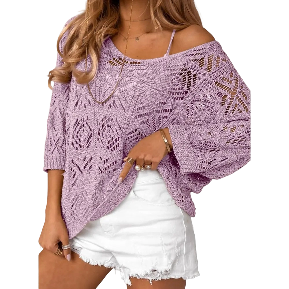 ✨ Women’s Crochet Hollow-Out Off-Shoulder Top – Lightweight 3/4 Sleeve Summer Sweater