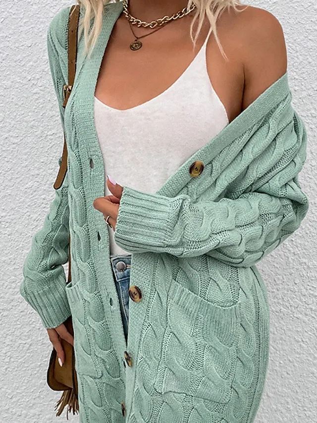 Women's Cardigan Sweater Cowl Cable Knit Faux Fur Button Pocket Summer Fall Long Daily Holiday Going out Stylish Casual Soft Long Sleeve Solid Color Black Yellow Light Green S M L