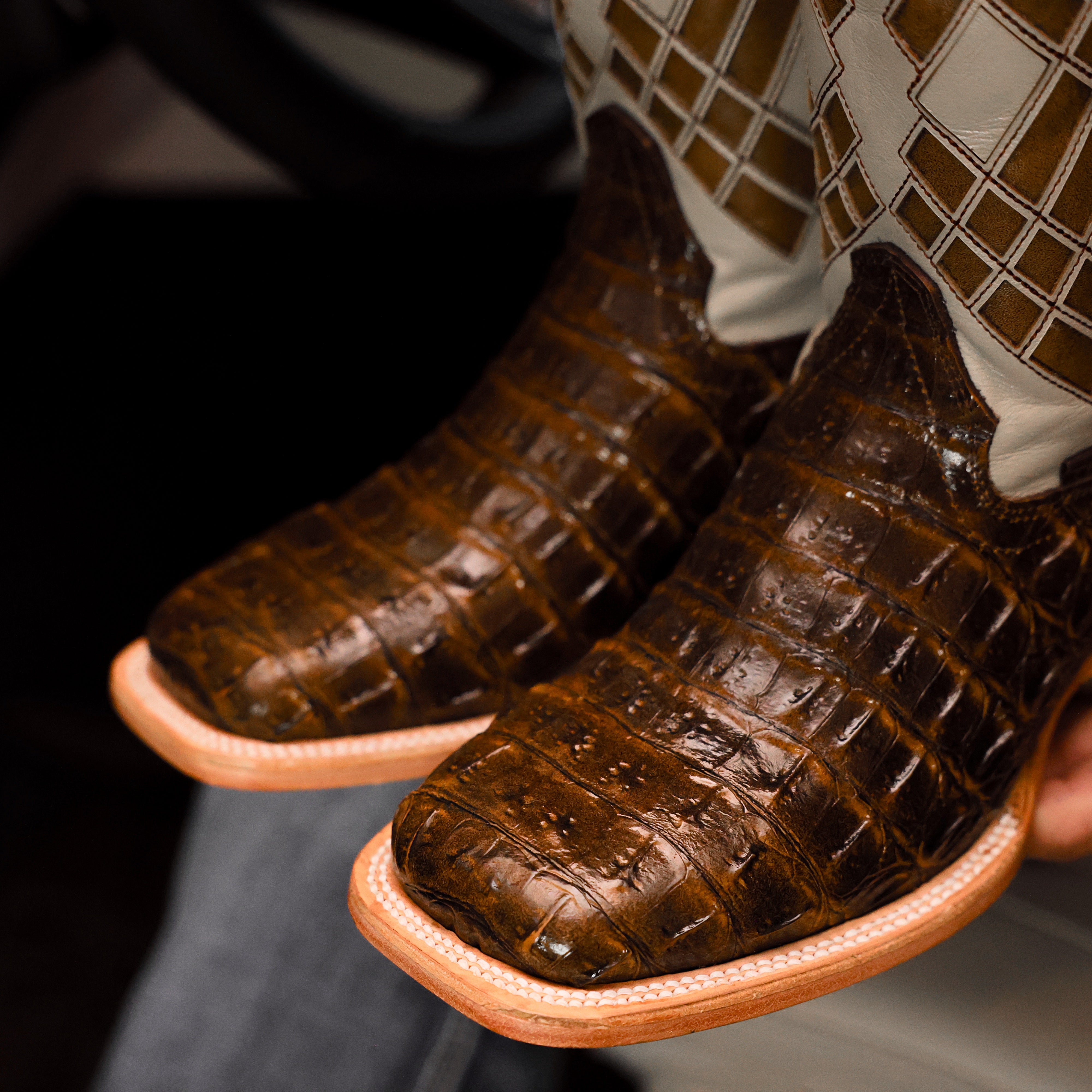 Honey Caiman Hornback Leather Boots - Square Toe