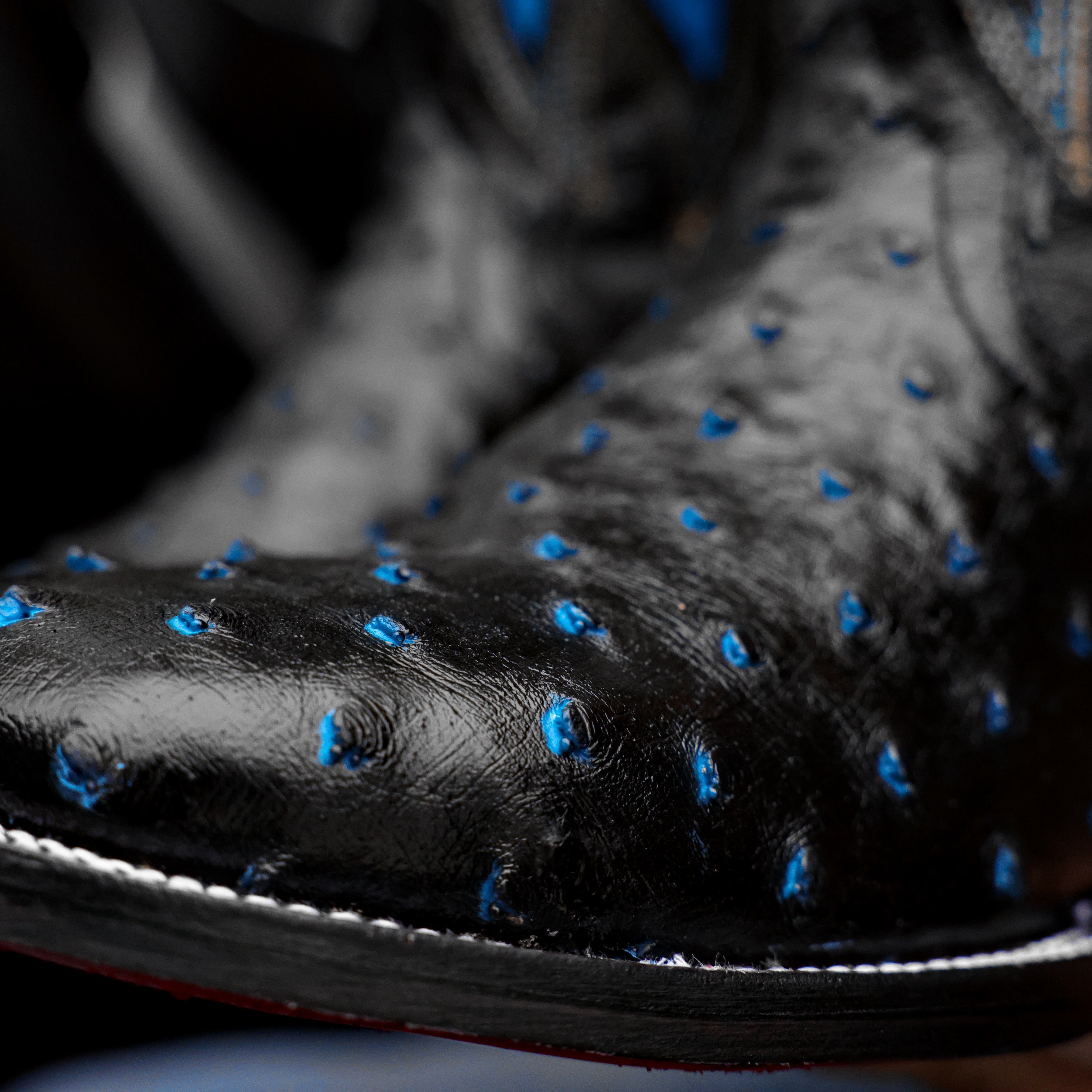 Black/Blue Ostrich Leather Boots - Square Toe