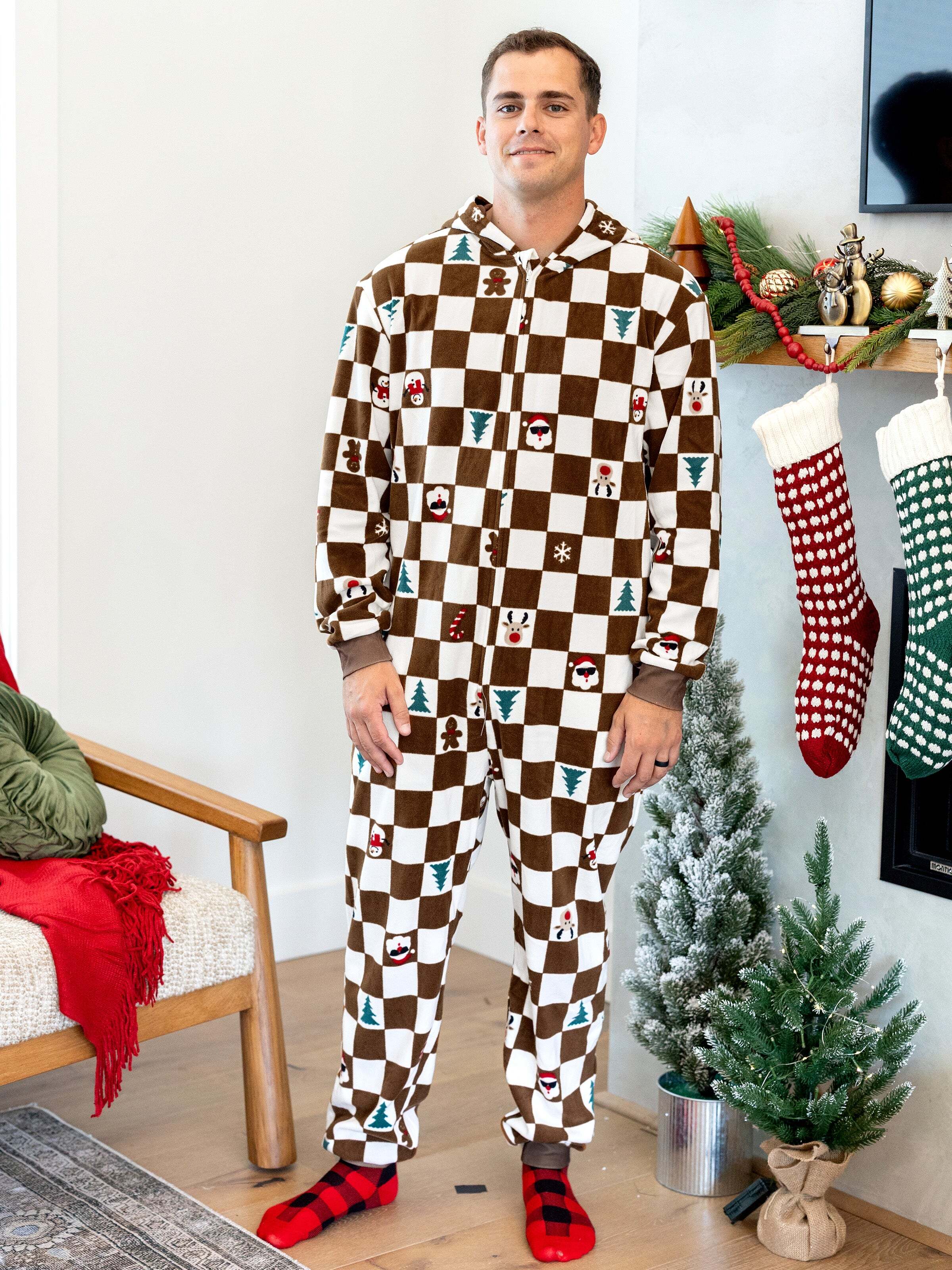 Christmas Onesies Matching Family Fleece Hoodie Pajamas Set Gingerbread Christmas-theme Plaid Print PJS with Christmas Socks Color block