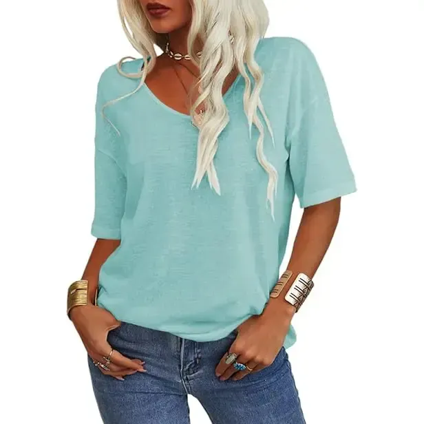 Women Soft V Neck Tshirt Half Sleeve Lightweight Solid Color Loose Fit Minimalist Top