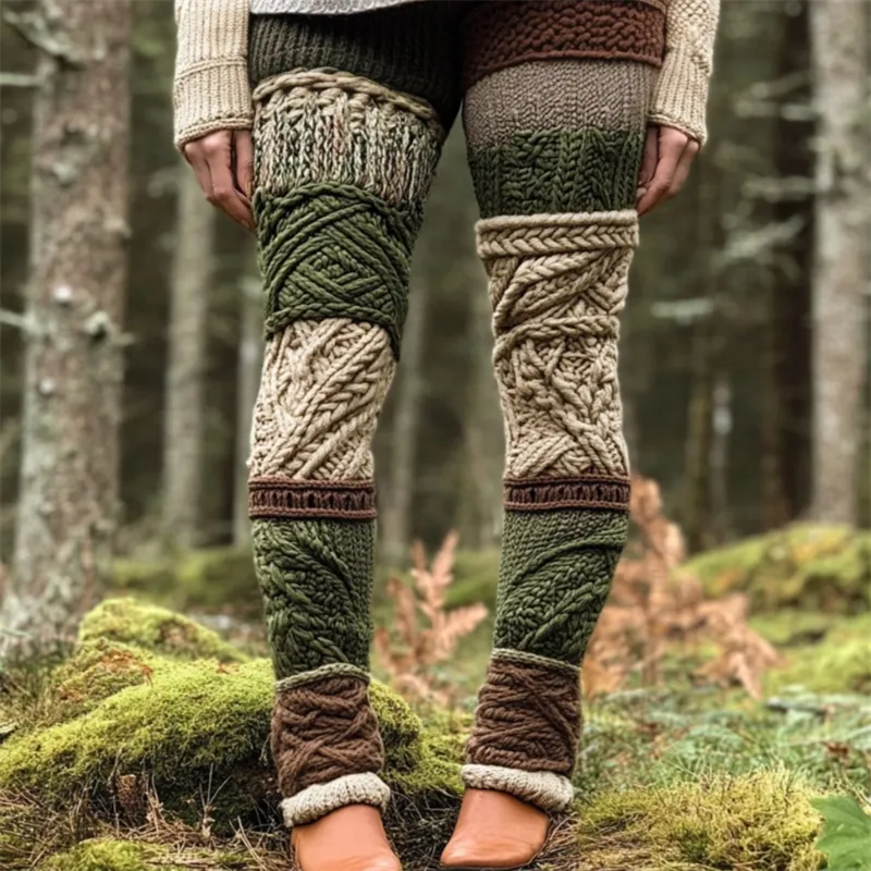 Nature Tree Inspired Celtic Patchwork Cozy Knit Leggings