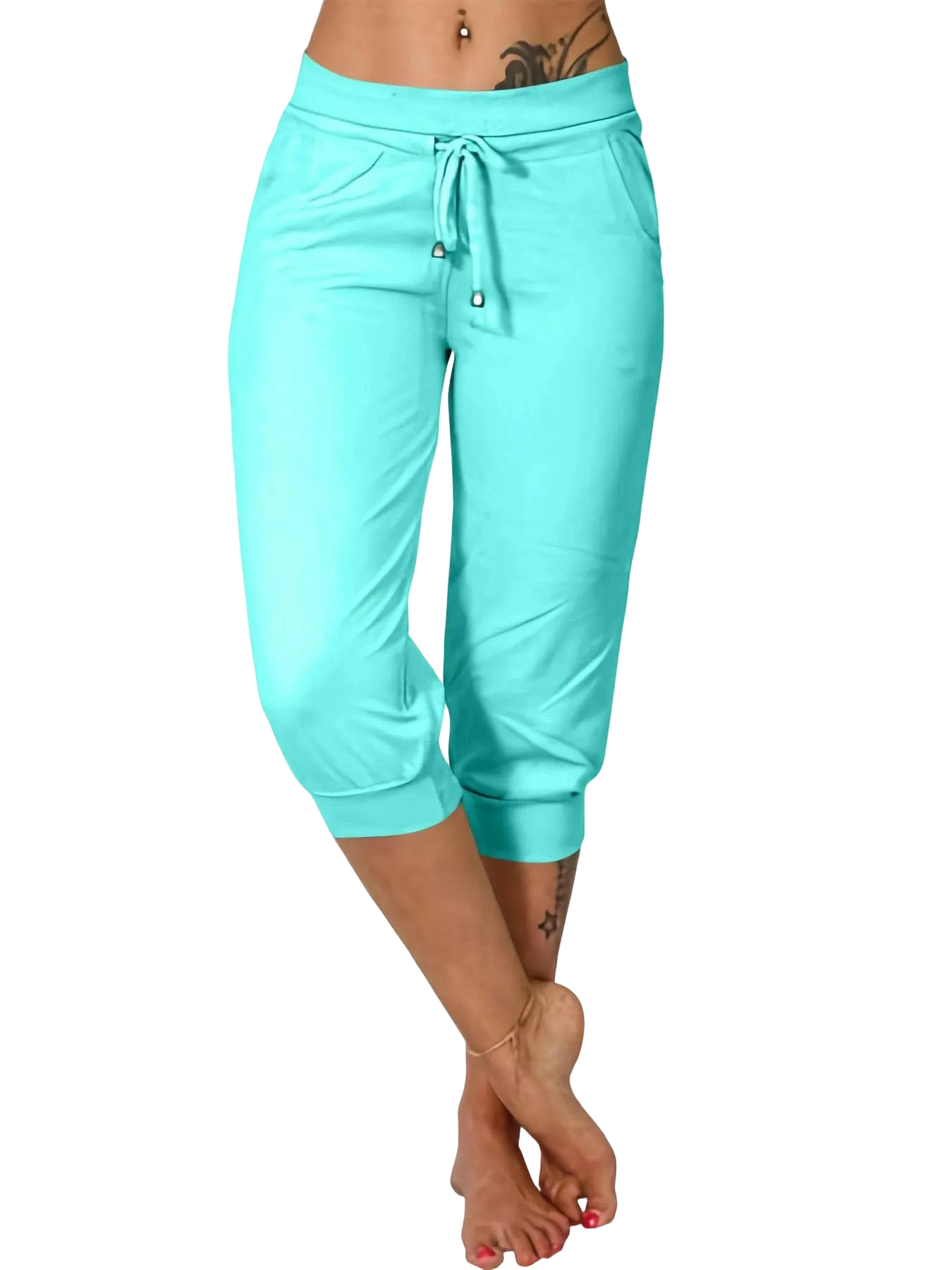 Women's Plain Drawstring Waist Capris Pants, Casual Pocket Trousers for Daily Wear