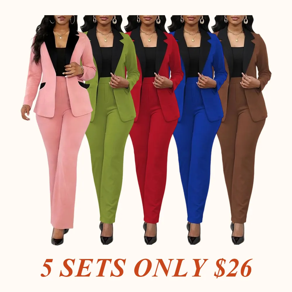 Women's Colorblock Blazer & Straight Leg Pants Set, Elegant Two-piece Set for Work Office Business, Ladies' Suits for All Seasons