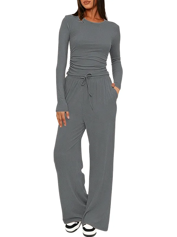 Women's Solid Ruched Drawstring Loungewear Set