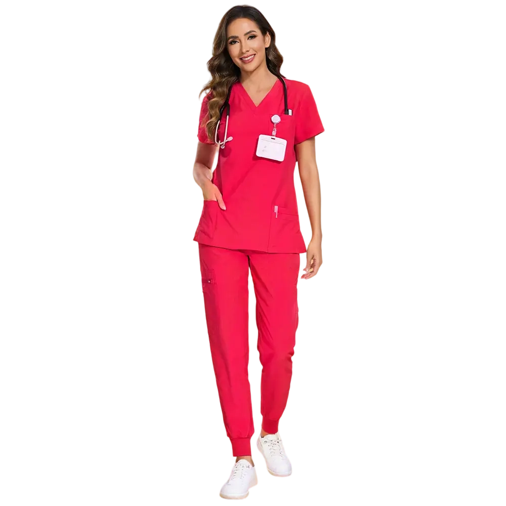 Women Stretch V-Neck Scrub Top & Jogger Pant Set   with 8 Pockets