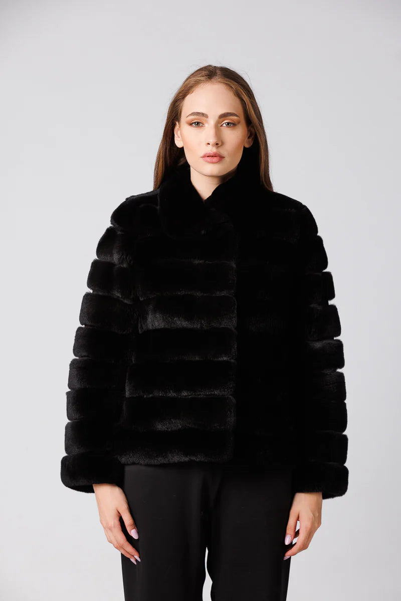 Haină din Blană Naturală de Rex Chinchilla, Guler Tunică, Femei, Obsidian 178