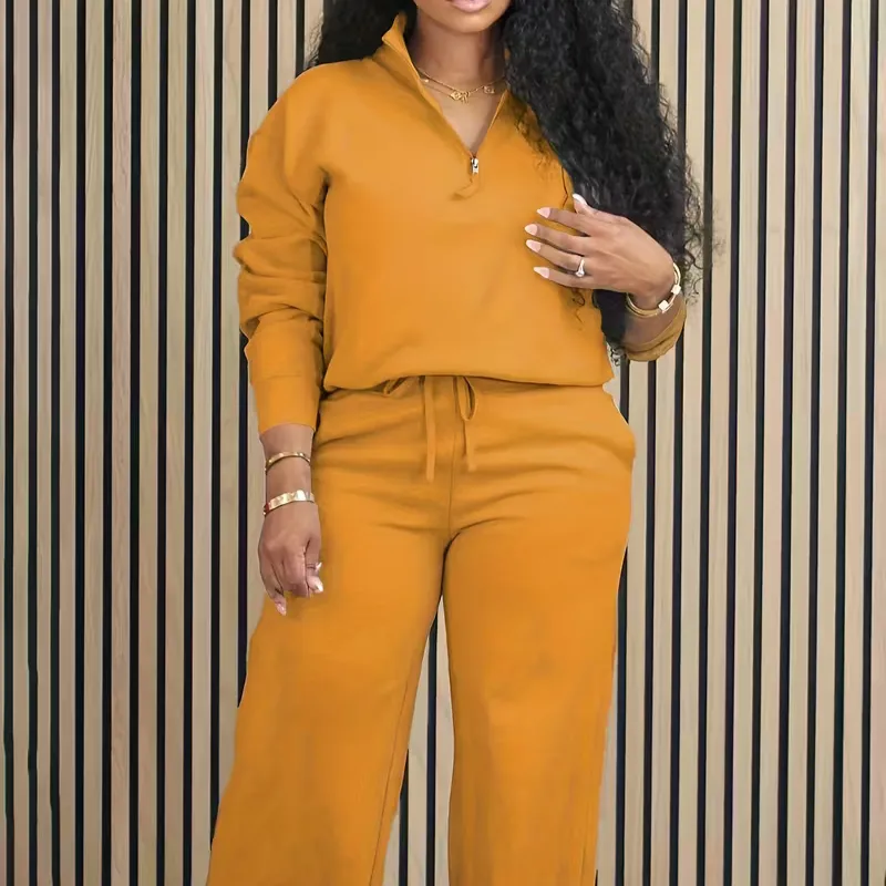 Women's Solid Half Placket Split Hem Pants Set