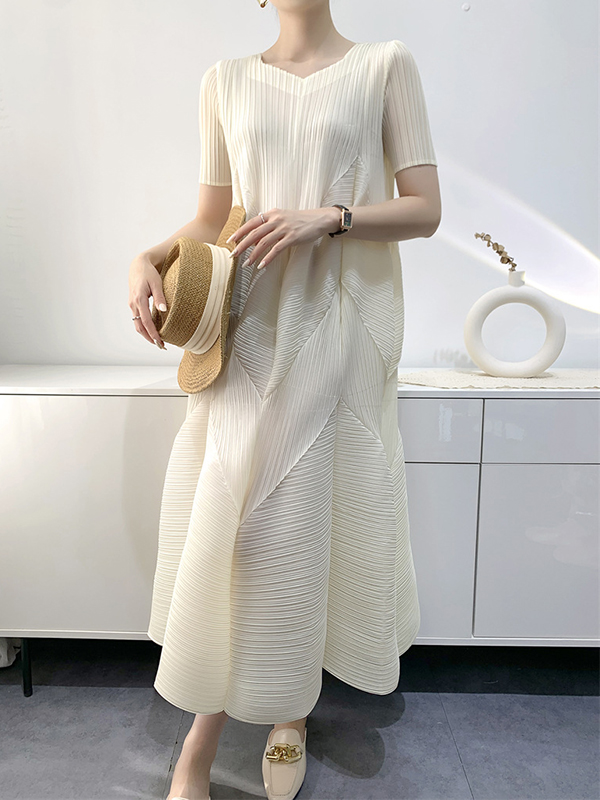 Pleated Solid Color Split-Joint Loose Short Sleeves V-Neck Midi Dresses