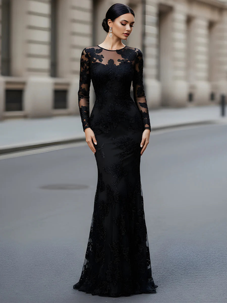 Black Floral Embroidered Illusion Evening Gown