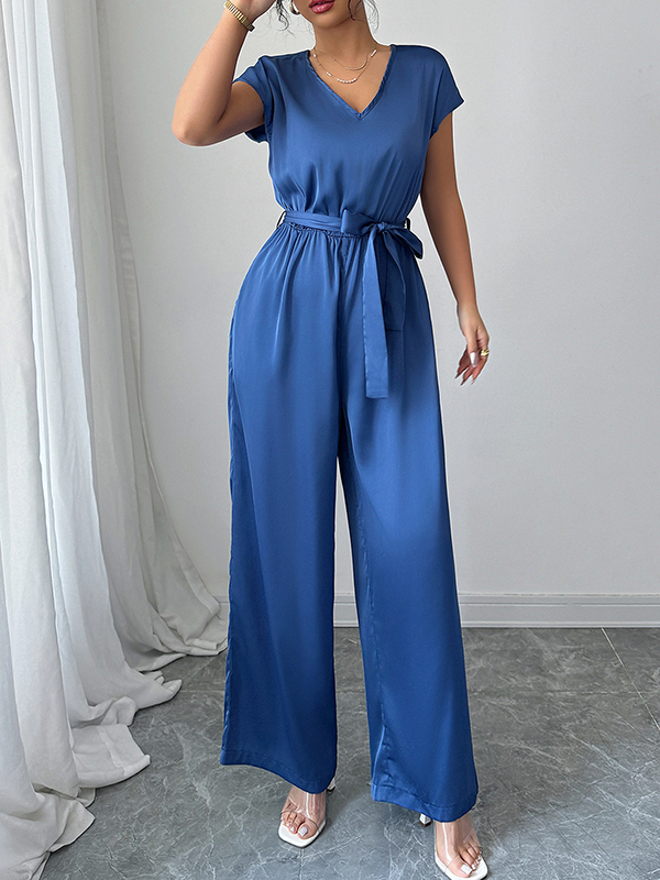Backless Pleated Pockets Solid Color Tied Waist High Waisted Loose V-Neck Jumpsuits