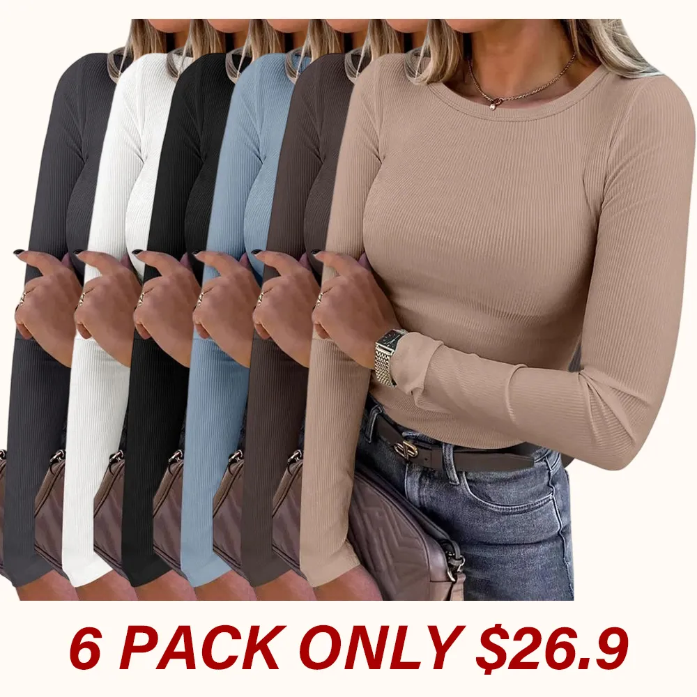 Women's Long-Sleeve Crew Neck Ribbed Knit Slim Fit T-Shirt