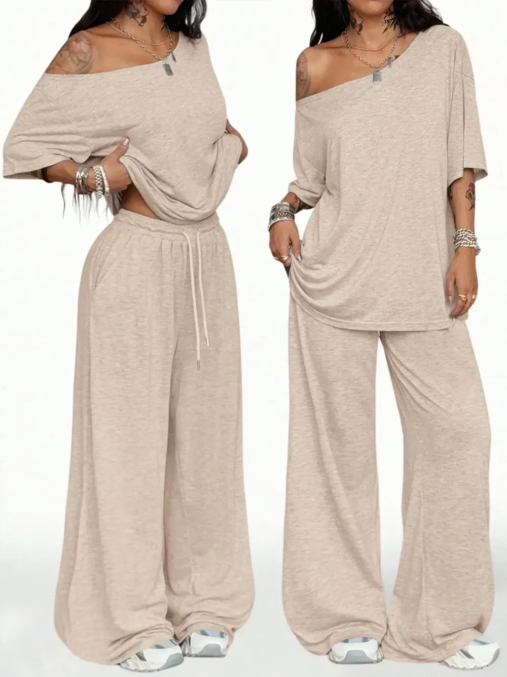 Women's Casual Solid Color Sport Two-Piece Set, Loose Long Pants & Wide Leg Slant Neck Pant Suit