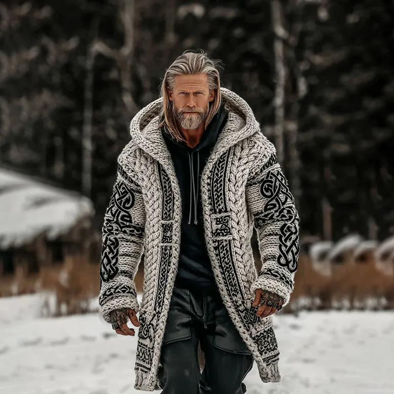 Men's Vintage Viking Celtic Knot Art Chunky Knit Mid-length Hooded Cardigan Sweater