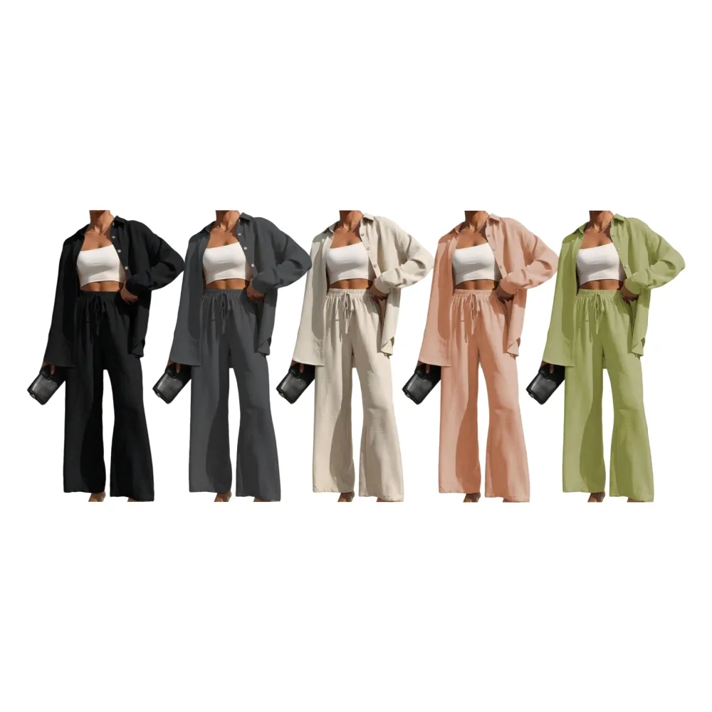 Women's Solid Button Front Shirt & Tie Front Wide Leg Pants (Under $3 a set!)