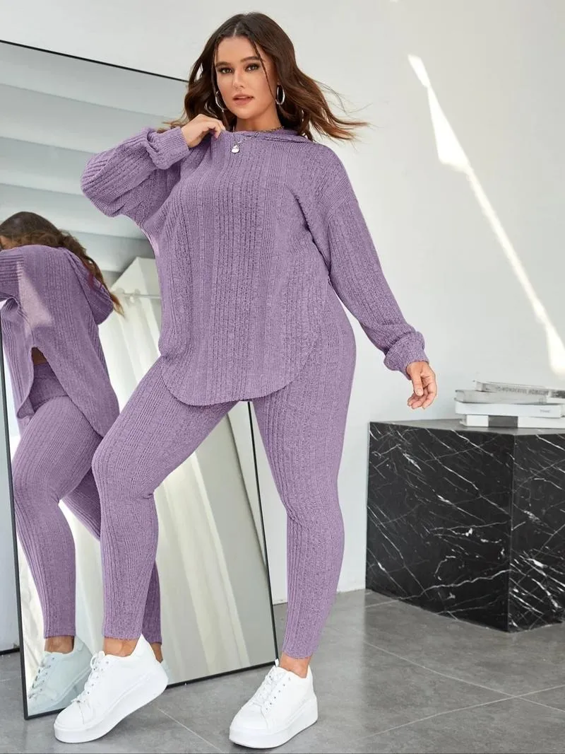 [Plus Size] Plain Split Curved Hem Hoodie & Leggings Lounge Two-piece Set