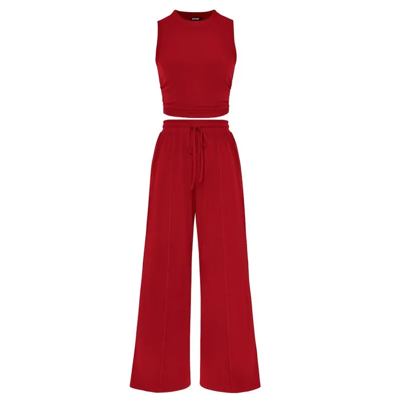 Women's Summer 2-Piece Outfits - Ribbed Knit Crew Neck Sleeveless Cropped Top & Wide Leg Pants Lounge Set