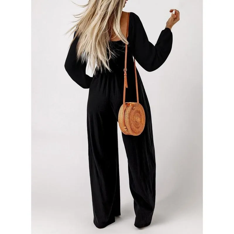Women's Casual Loose Overalls Jumpsuits One Piece Long Sleeve Wide Leg Long Pant Rompers With Pockets