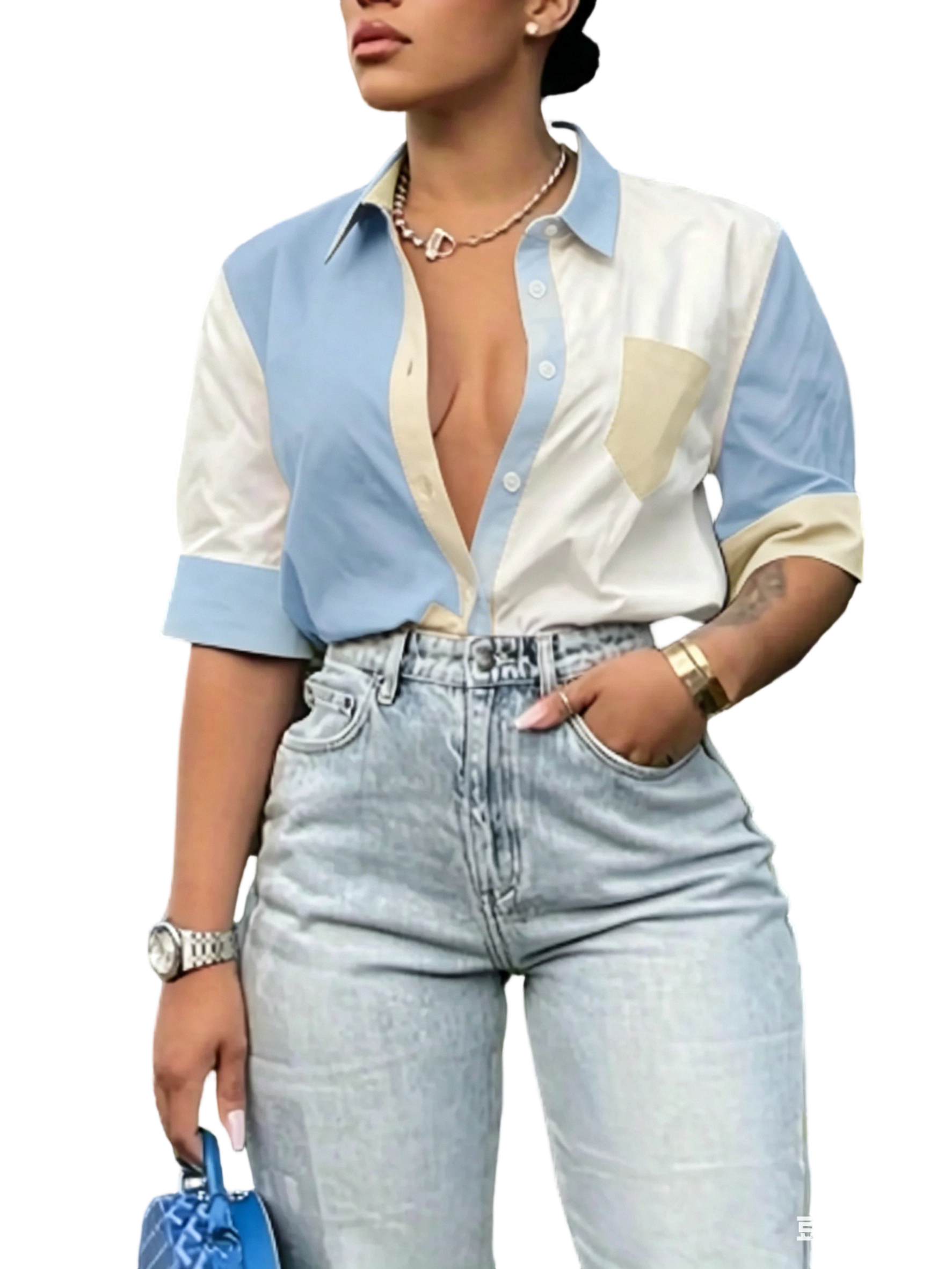 Women's Colorblock Pocket Button Front Shirt, Blouse, Summer Clothes for Women