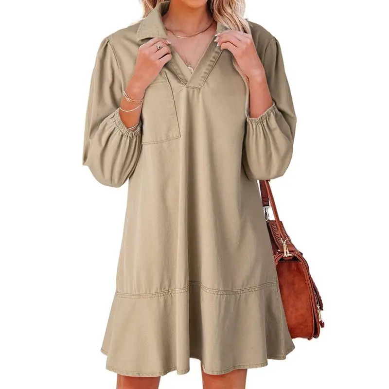 V Neck 3/4 Puff Sleeve Jean Dresses