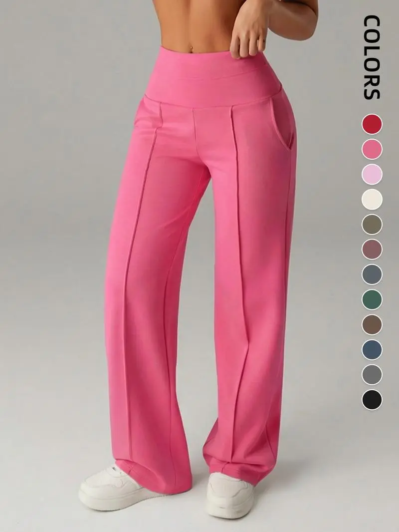 Women's Plain Loose Straight Leg Pants, Wide Leg High Waist Sporty Casual Sweatpants with Pockets