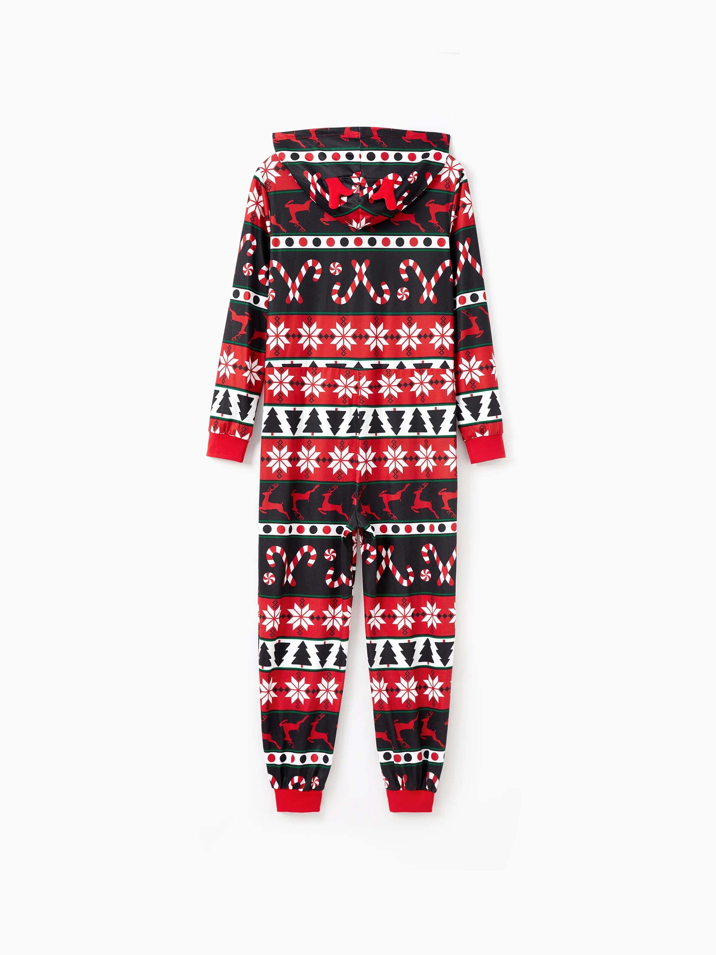 Christmas Pajamas 3D Reindeer Pattern Zipper Hooded Onesies Matching Family Outfits red/black